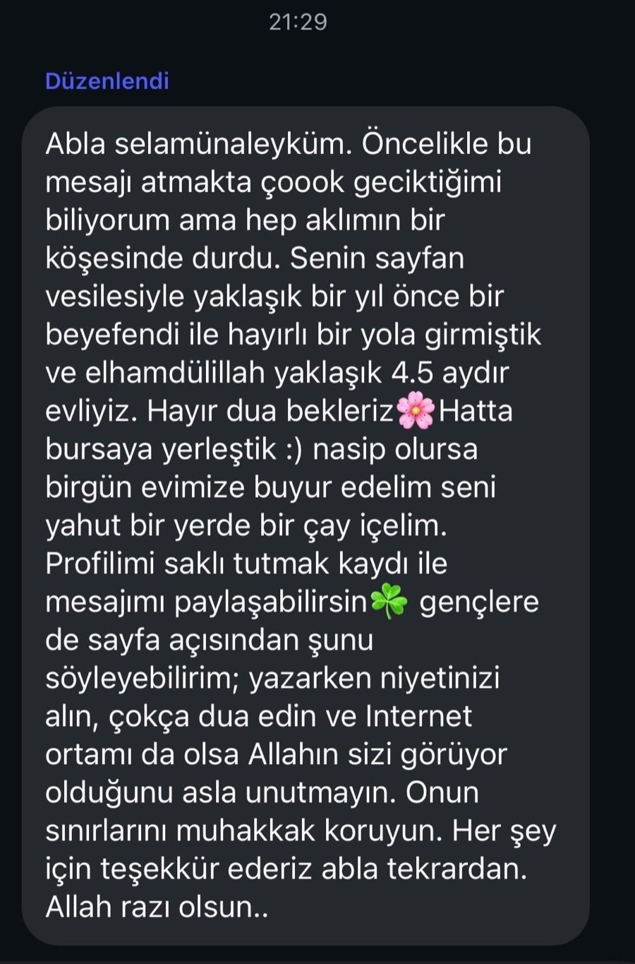 Bir üyenin mesajı: Bir yıl önce hayırlı bir yola girmiştik, dört buçuk aydır evliyiz.